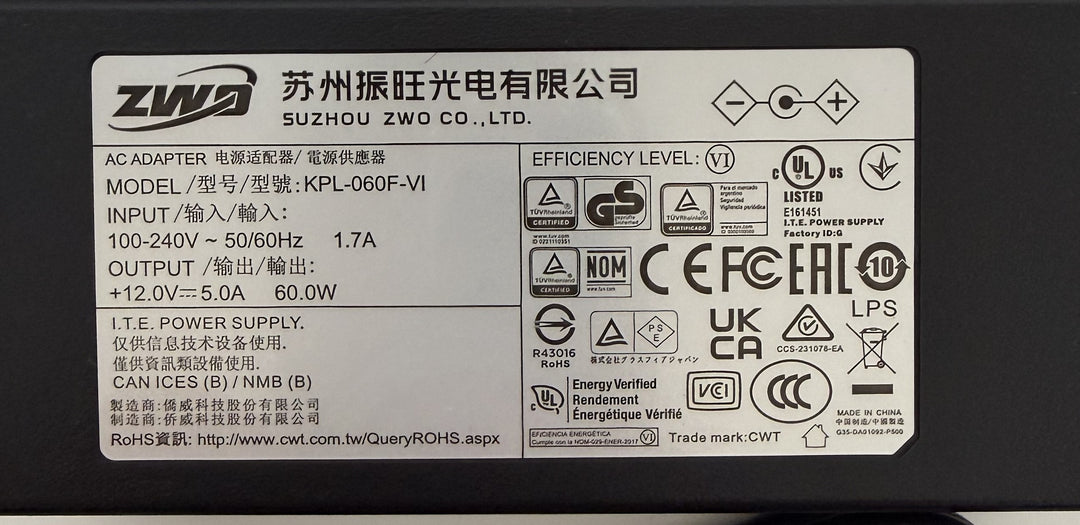 ZWO 12V 5A ACアダプター 銘板 KPL-060F-VI 入力AC100-240V 出力DC12V5A 60W ひし形PSE表示