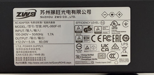 ZWO 12V 5A ACアダプター 銘板 KPL-060F-VI 入力AC100-240V 出力DC12V5A 60W ひし形PSE表示