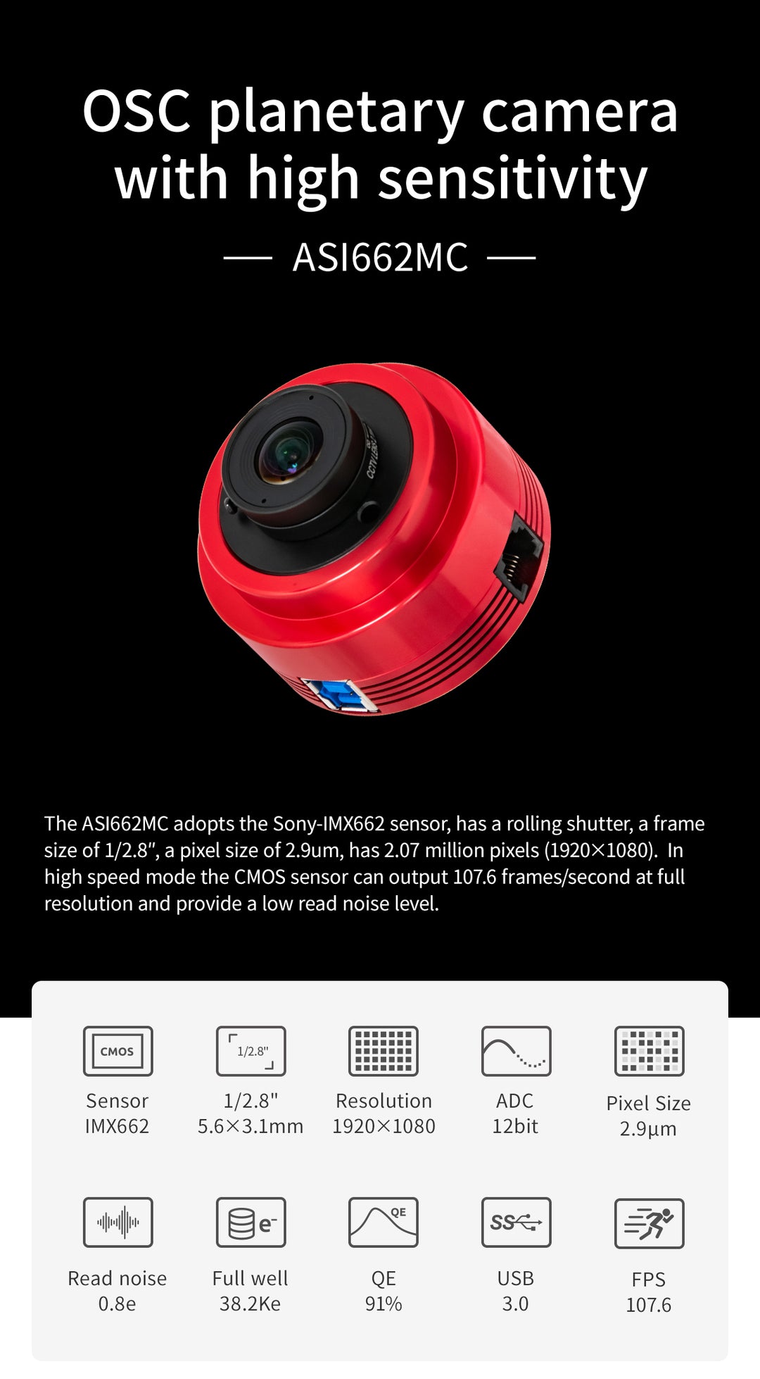 国内発送【新品/未使用】 ZWO ASI 662MC 天体観測 天体望遠鏡 カメラ